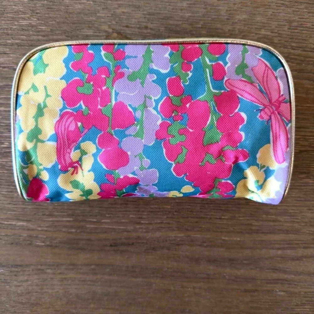 NEW Lilly Pulitzer for Estée Lauder Cosmetic Make-up Bag-Floral-Gold Trim-Sz Sml